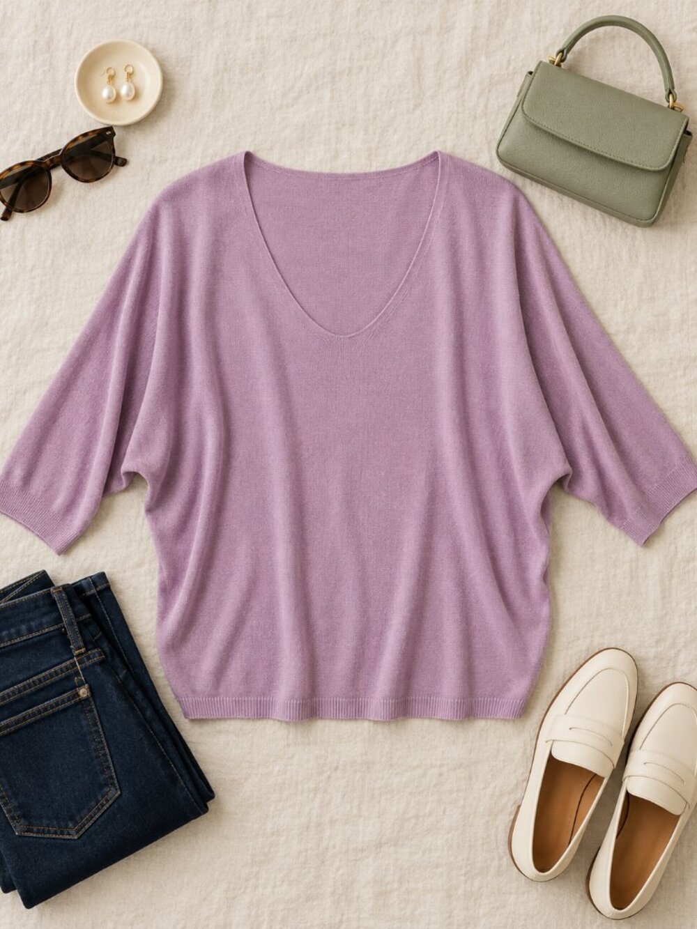 Lavender V-Neck Knit Top Made in Italy Prato Dolman Sweater